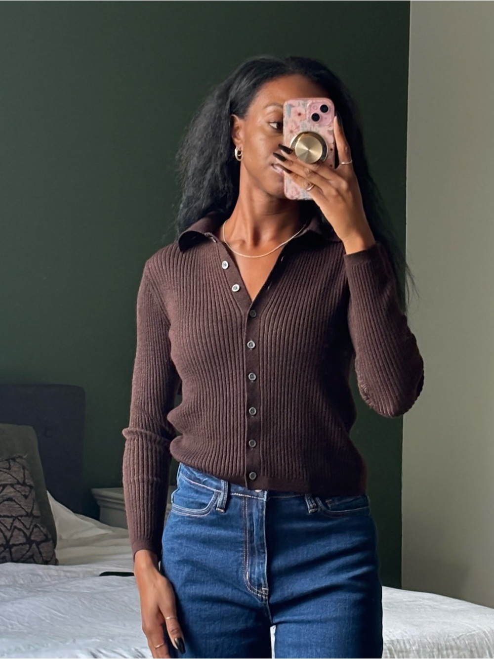Collared Rib-Knit Button Cardigan - Brown